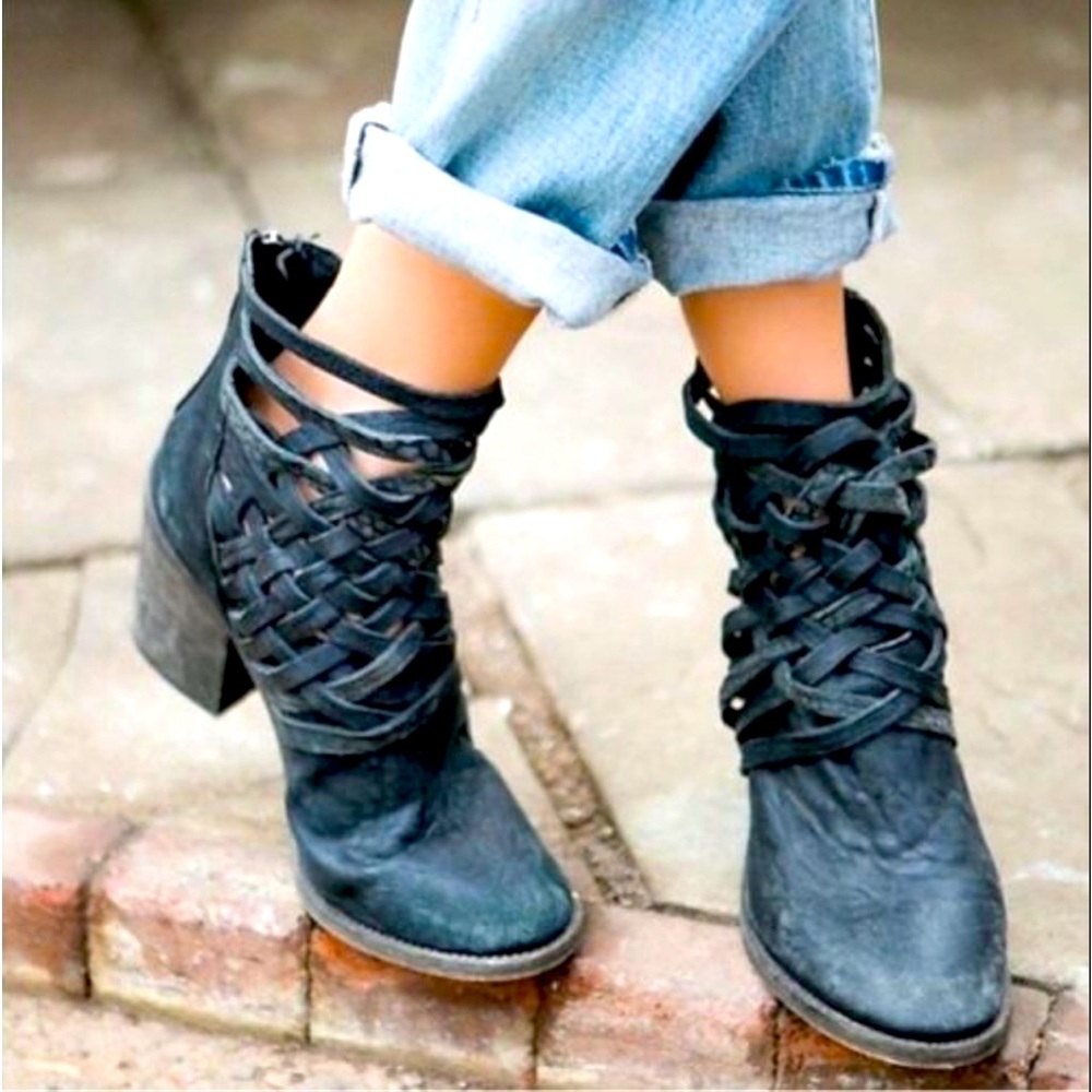 Free People CARRERA Strappy Woven Dark Brown Leather Back Zip Boot 38/8